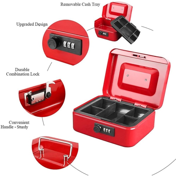 Lille pengekasse med kombinationslås Holdbar metalkasse med pengebakke Sort, 7,87 X 6,3 X 3,35 tommer Red