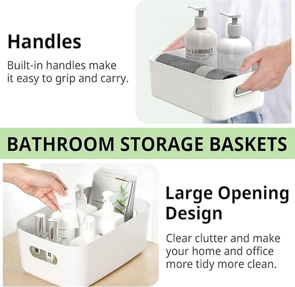 5 PCS White Plastic Storage Bins Small with Handles, Storage Baskets for Shelves, Kitchen, Office, Refrigerator