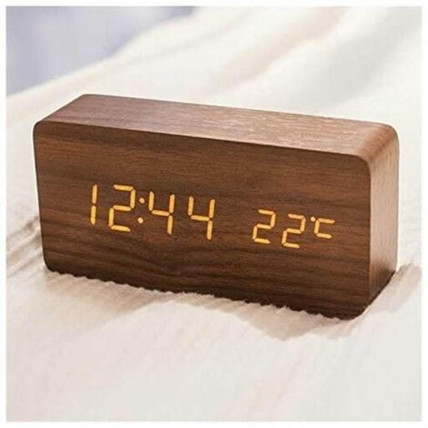 Moderne trævækkeur - LED digitalt trævækkeur Desktop Dato Temperatur Fugtighed Display 12/24 timer - for Ho