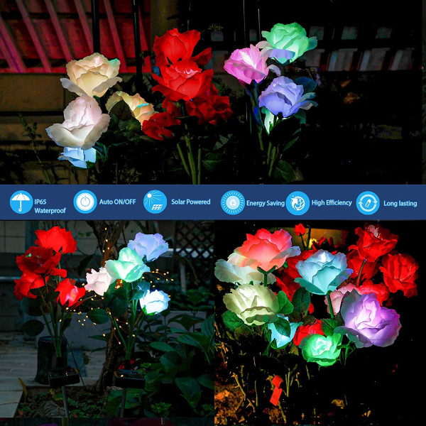 Väriä vaihtavat kirkkaat ruusut patiolle, puutarhan sisustus, suurempi aurinkopaneeli, realistisemmat ruusukukat (2 pakkaus)