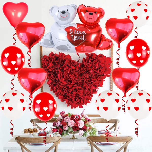 Printed rakkausilmapallot, rakkaushalauskarhun tunnustuskoristeet, ystävänpäivän tunnustusilmapallot (Valentine Hug Bear Rose set),