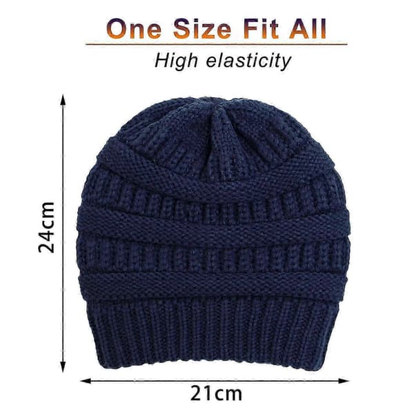 Vinter Beanie Hat til Kvinder med Satinforing Strikket Hat til Damer Vinter Varmt Tykt Snehat Navy Blå