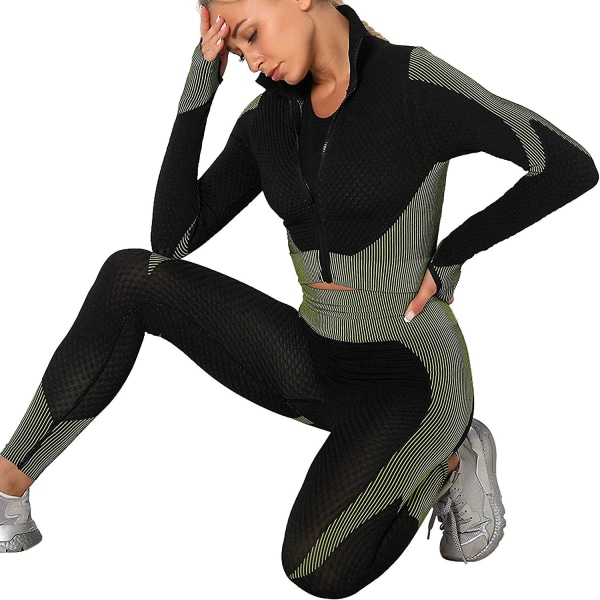 Träningsoverall för kvinnor 2-delat set hög midja Leggings och långärmad Crop Top Yoga Activewear med dragkedja fram Black Green M
