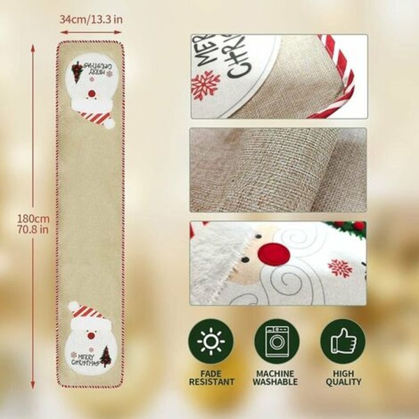 Christmas Table Runner, Burlap Linen Table Decorations Santa Claus and Christmas Tree for Home, Kitchen, Dining Room, Fa