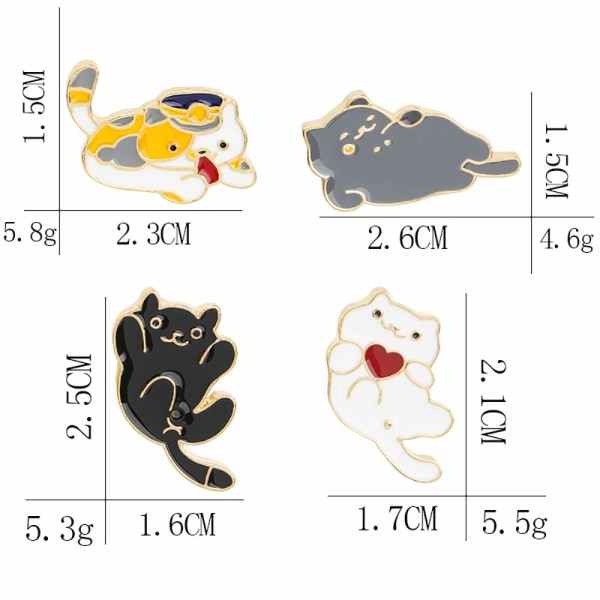 4 st Cat Lapel Pin Set Svart Vit Pussycat Cartoon Emalj Brooc