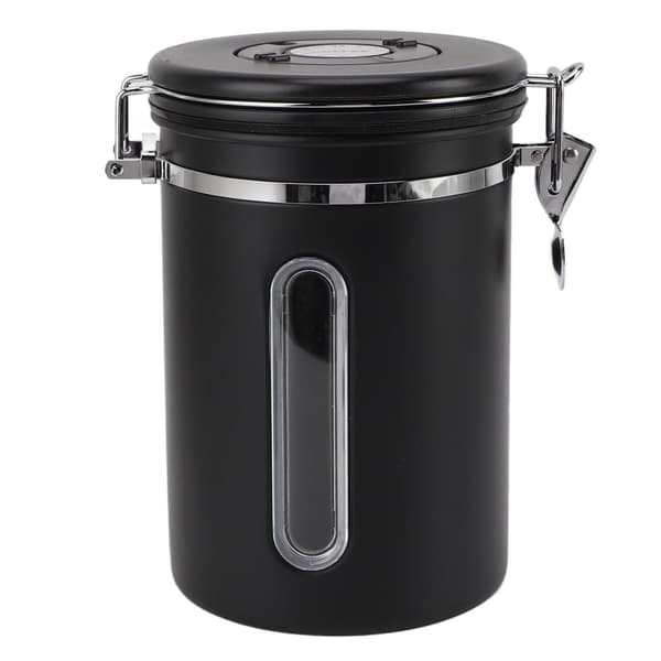 Kaffedåse 1800ml 304 rustfrit stål vinduesdesign envejsudluftning med ske lufttæt kaffebeholder til kaffebønner mat sort