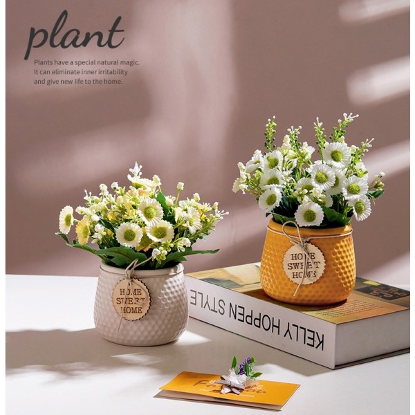Simulerade gröna växter hem inomhus nordisk stil liten tusensköna simulering blomma keramik krukväxt (gul blomma vit kruka)