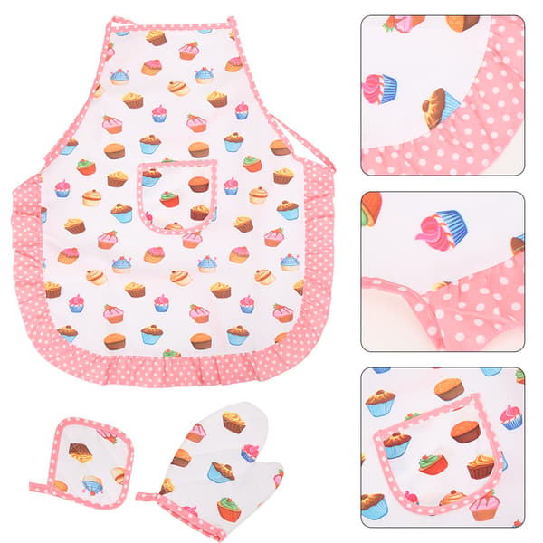 Kök Kostym Rollspel Set för Barn Flickor Förkläde Kockhatt Bakning Matlagning Vante Kakformar Kit 11st Cupcake Mönster