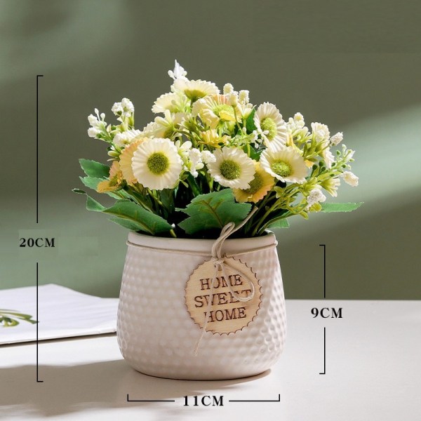 Simulerade gröna växter hem inomhus nordisk stil liten tusensköna simulering blomma keramik krukväxt (gul blomma vit kruka)