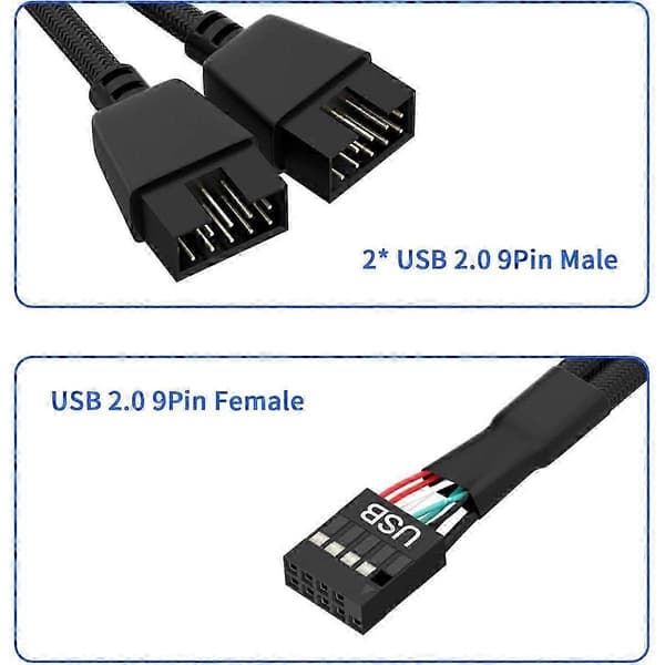 2 stk. computer bundkort USB 2.0 9-ben til dobbelt 9-ben forlængerkabel Y-splitter lyd HD-forlænger Black