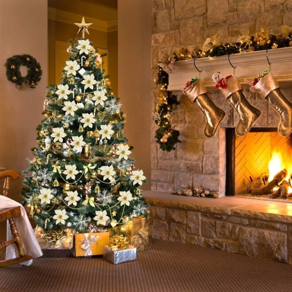 Juletræspynt, 24 stk. 5,91'' kunstige glimmerblomster Juleblomster med 12 stk. sløjfer 12 stk. klokke 36 stk. sne