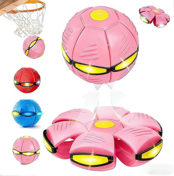 Fling Ball, Magisk Studsboll med 6 LED-lampor, 2-i-1 Flygande Tefatsboll, Pop-Up Transform, Explosionssäker Macaron pink With flash