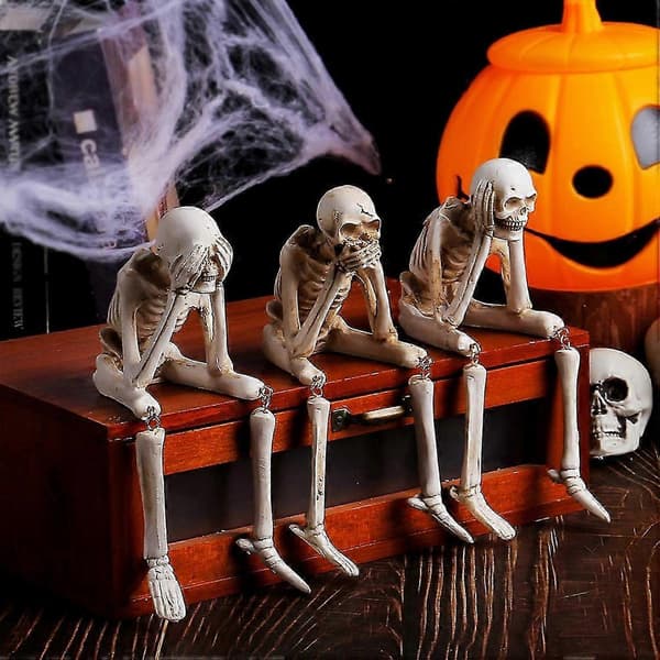 Three Wise Resin Skulls - \"See No Evil/Hear No Evil/Speak No Evil\" Skeleton Ornaments for Halloween and Home Decor 1pc B