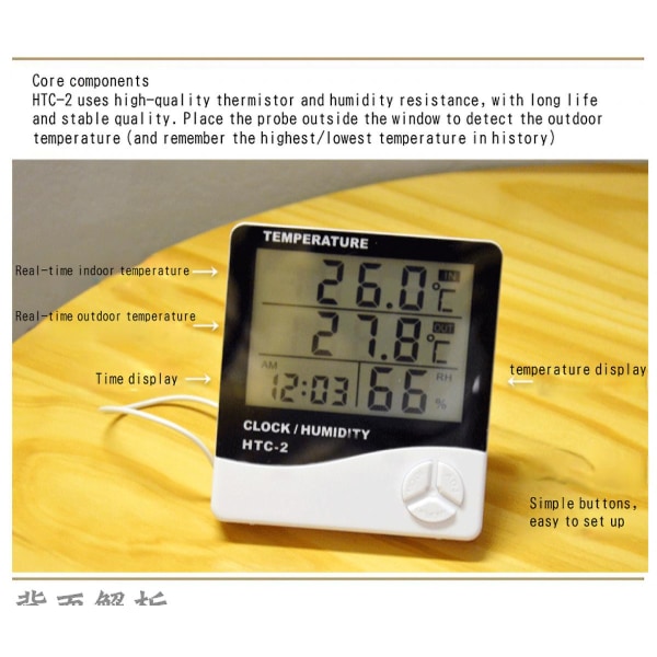Storbildshushållstermometer och hygrometer Elektronisk termometer inomhus och utomhus Väckarklocka Htc-2 termometer