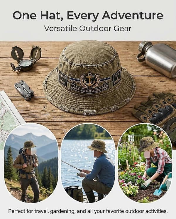 Honor Courage Commitment Boonie Hat, Broderet Bredskygget Solhat med Hagestrop til Vandring, Fiskeri og Camping Olivengrøn