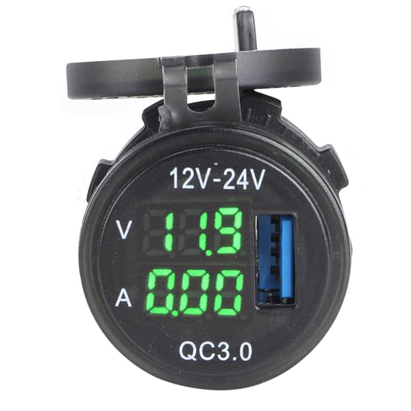 3 i 1 Bil USB-lader 3.0 Digital Voltmeter Amperemeter Hurtiglading av Telefon Grønn
