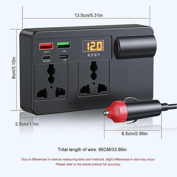 12V/24V til 220V Billader - Multifunksjonell Hurtigladende Strømomformer for Biler og Lastebiler With Digital Display