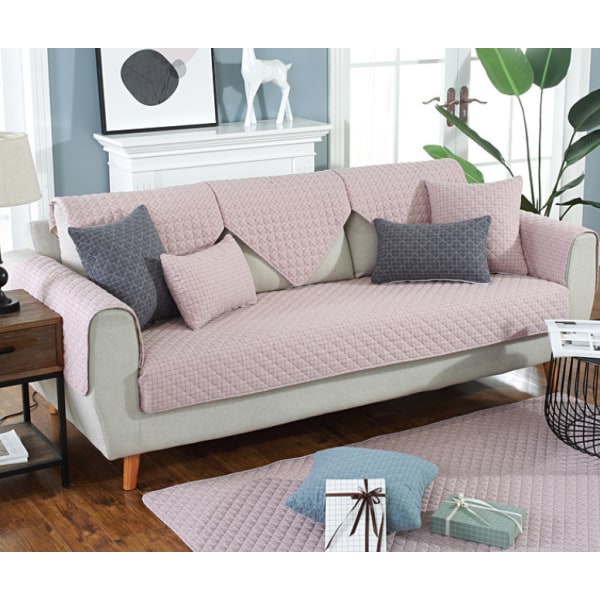 Moderni ja yksinkertainen kudottu pesty puuvilla sohvatyyny, kankainen liukumaton nahkainen cover (vaaleanpunainen ruudullinen, 90*120cm)