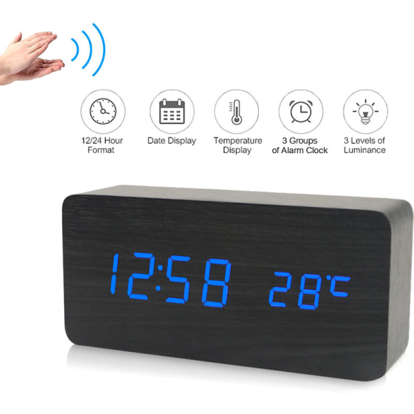 Elektronisk väckarklocka, digital väckarklocka i trä för inställningar och ljudkontroll med röd LED-visning av tid, temperatur, USB -driven digital klocka