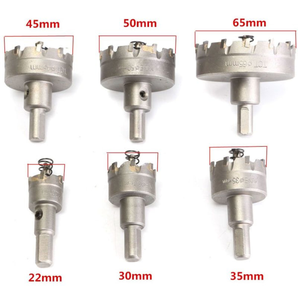 6 PC—22-65 mm hulsav i rustfrit stål, hårdmetal hulsav, holdbar aluminiumsplade metalboreboring