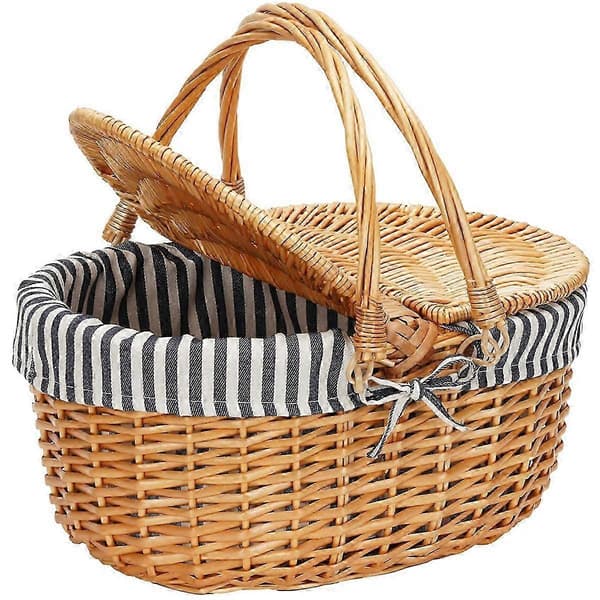 Picknickkorg i korg med lock, korgkorg med handtag och foder, handgjord shoppingkorg, flätad