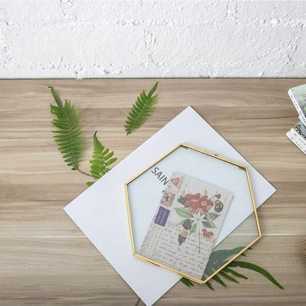 Hængende sekskantet herbarium messingglasramme til pressede blomster, tørrede blomster, dobbeltglas, flydende rammestil