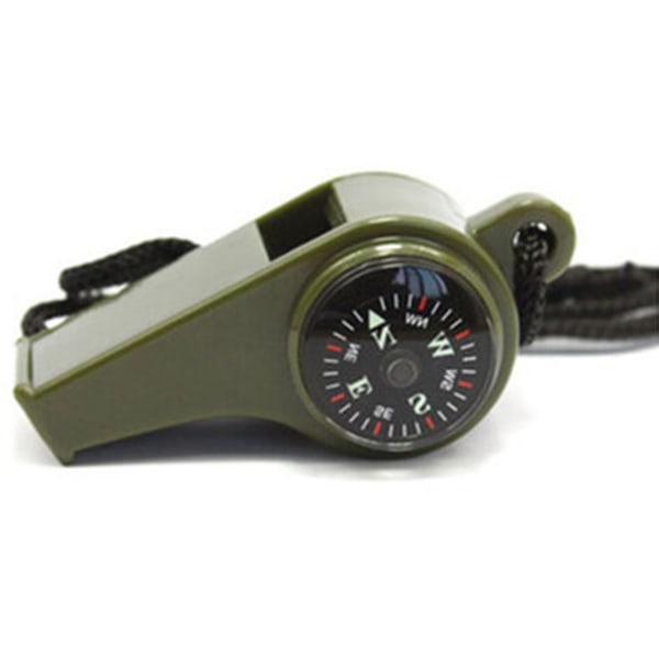 Emergency Survival Whistle 3 i 1 visselpipor med kompasstermometersnodd för utomhusvandring Camping Army Green 2st