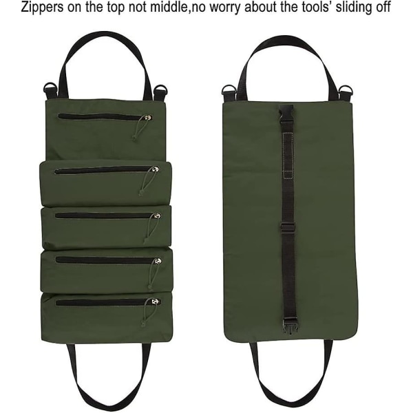 Tool Roll Organizer Taske, Heavy Duty lærred Værktøjsopbevaringspose med 5 lynlåslommer til skruenøgler, fatninger, skruetrækkere og mere (armygrøn)