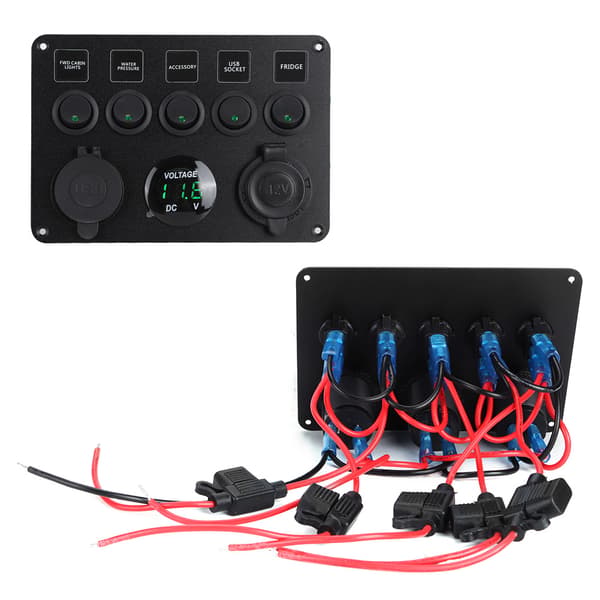 5-vägs LED-vippströmbrytarpanel med digital voltmeter, universal för husbil, bil, motorbåt, grön