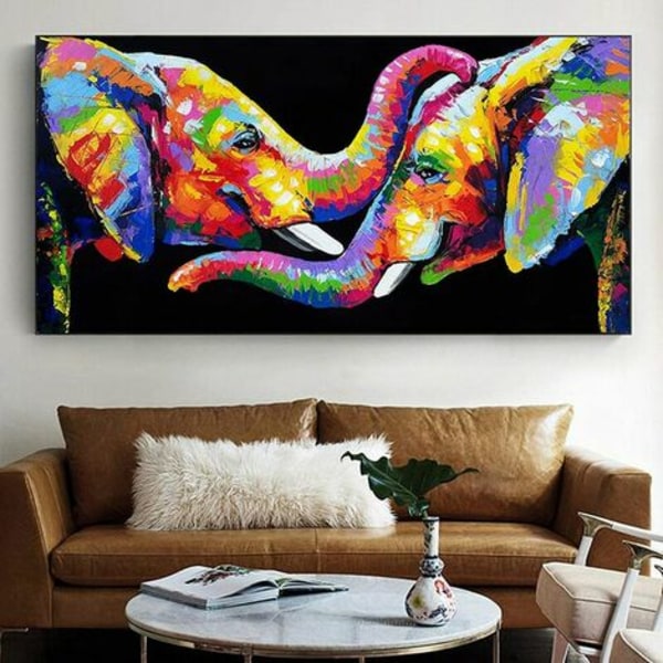 Par elefanter Stuebilleder Vægkunstplakater og print Abstrakte dyr Farverige elefant lærreds malerier 60
