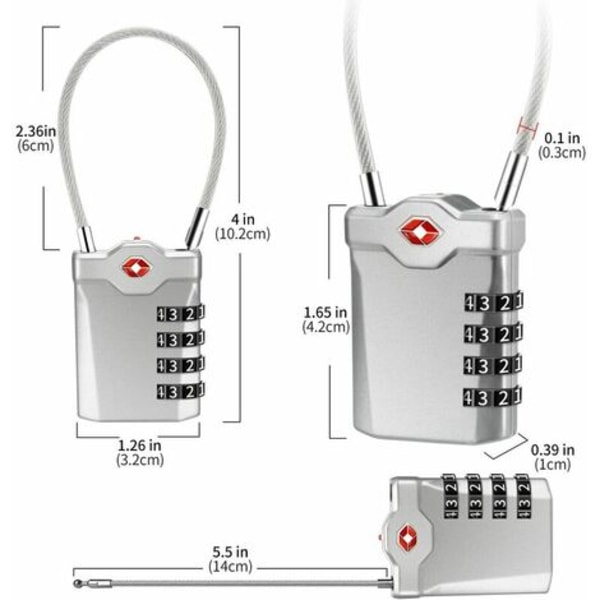 Sifferkod Bagagehänglås för resväska Collegeskåp Hänglås med öppen bagagevarningsfunktion och stålkabel (