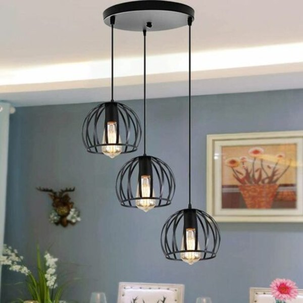 Industrial design black cage-shaped pendant light, Metal chandelier lampshade 3 lights for living room bedroom dining ro