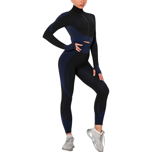 Naisten harjoitusverryttelypuku, 2 set , korkeavyötäröiset leggingsit ja pitkähihaiset Crop Top -jooga-aktiiviset vaatteet, vetoketju edessä Black Blue S