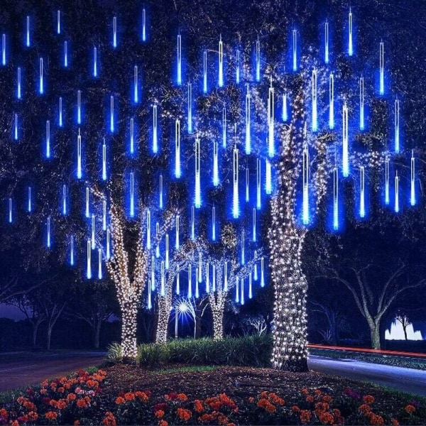 30CM, a set of 8 outdoor plug-in blue LED meteor shower lights, colorful meteor shower lights, suitable for outdoor deco