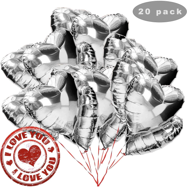 20 stk 18 tommer sølv hjerteballon, hjerte helium balloner, bryllup folie ballon, folie ballon, hjerte balloner (sølv)