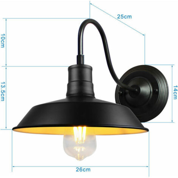 Retro Industriel Væglampe Metalskærm E27 Lampe til Soveværelse Stue Bar Sort og Hvid - Sort