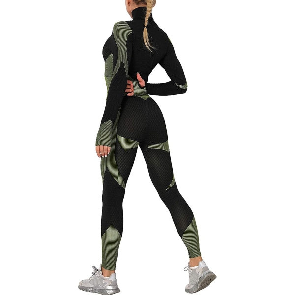 Träningsoverall för kvinnor 2-delat set hög midja Leggings och långärmad Crop Top Yoga Activewear med dragkedja fram Black Green Xl