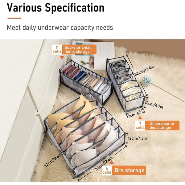 Alusvaatteiden vetolaatikon organizer, 3 pakkausta säilytyslaatikon laatikot jakajat sukille, solmioille, alusvaatteille ja muille pienille tarvikkeille