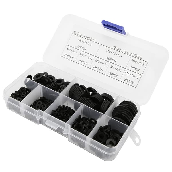 500 stk. nylon skive sæt M2 M2.5 M3 M4 M5 M6 M8 M10 Sort hardware fastgørelseselementer