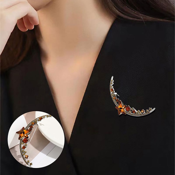 Rhinestone Elegant Moon Broscher Lapel Pins Fashion Coat Large Black onesize