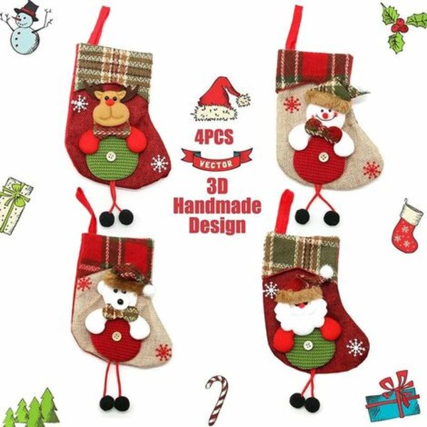 Christmas Stockings, Set of 4 Xmas Personalized Christmas Stockings, Christmas Stockings to Hang Santa Claus Reindeer Sn