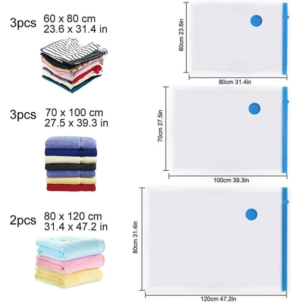 Pakkauksessa 8 uudelleenkäytettävää matkakompressiosäilytyspussia käsipumpulla, 3 kpl (60x80), 3 kpl (70x100), 2 kpl (80x120) vaatteille, peitoille, tyynylle