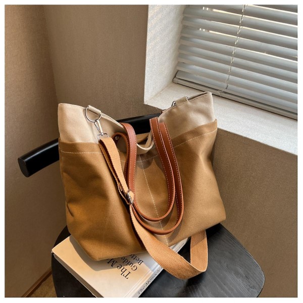 Enkel canvasväska för kvinnor Oxford-handväska i tyg med stor kapacitet Mode Casual Axelväska (khaki)