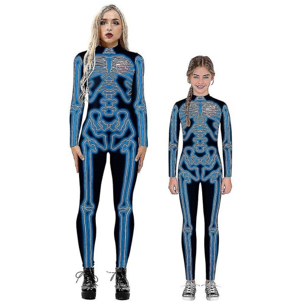 Halloween-skelettdräkt för barn och vuxna, bekväm Onesie Jumpsuit Blue M