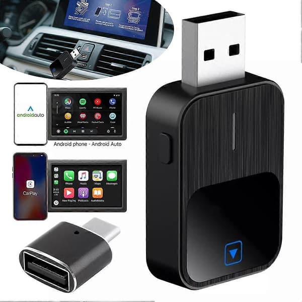 2-i-1 Apple CarPlay og Android Auto trådløs adapter - 2025 oppgradert mini-dongle med USB-C, Plug & Play Black