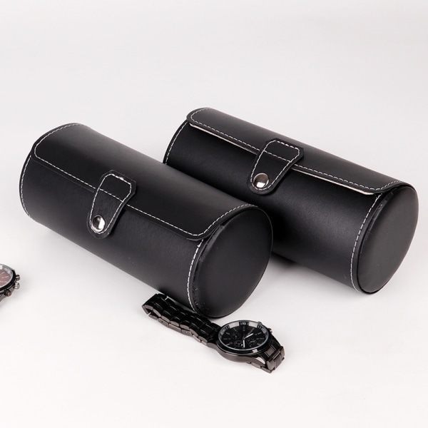 3-cifret cylindret læderurkasse Urkasse Opbevaringsboks til opbevaring og skærm 19*9 cm (sort),