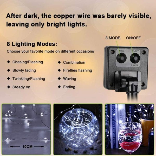 22m 200 Lights 8 Functions White Light Solar Copper Wire Decorative Solar String Lights Christmas Lights for Garden Tree