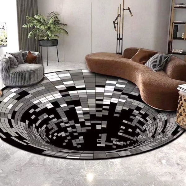 3D Vision Pyöreä matto Kuitukangasmatto Musta valkoinen Liukumaton lattiamatto Kodinsisustuslattiamatto C (60cm),