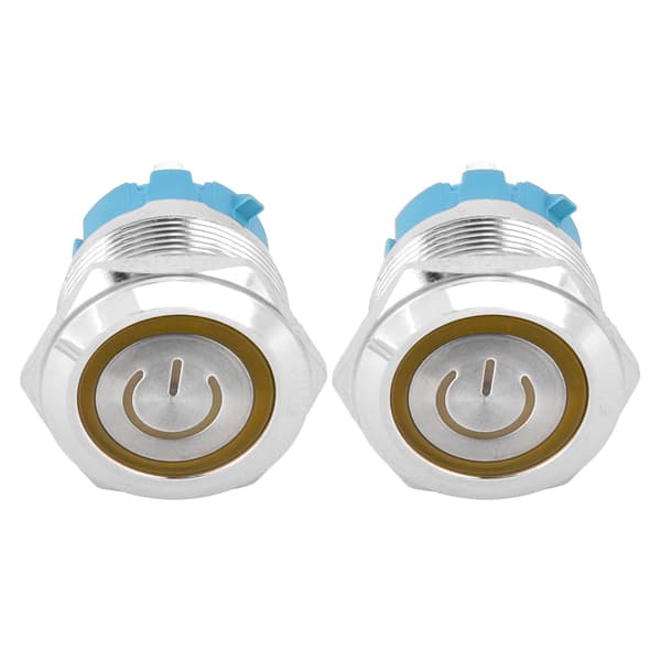 2 stk. 4-pinners trykknappbryter 3-6VDC 22mm Flat Head Round Button med strømlys Skilt Gul