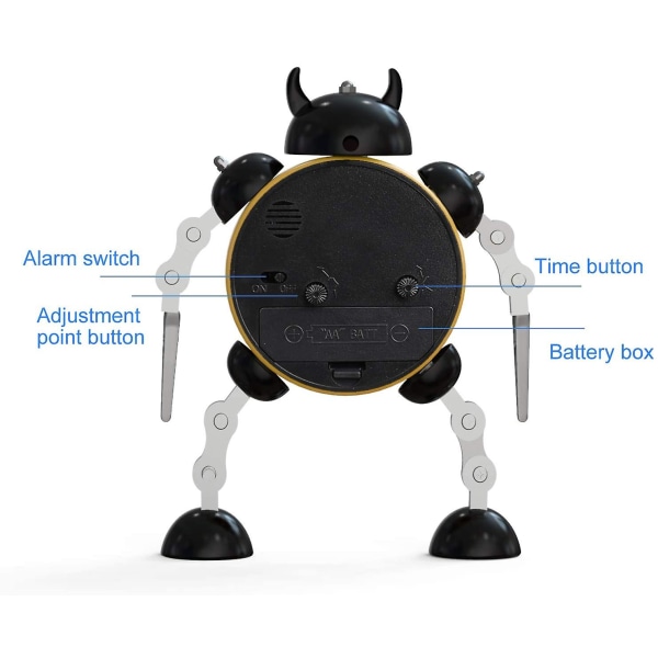 Robotvækkeur, rustfrit metal ikke-tikkende vækningsur med øjenlys og håndklemme, bedste gave til børn (sort gul)